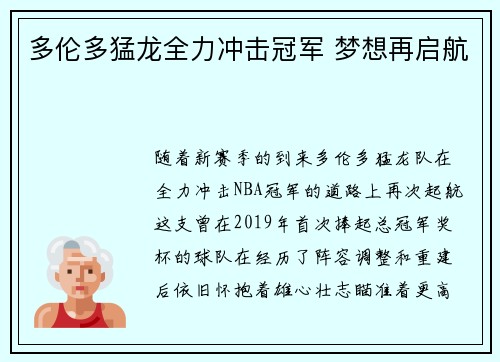 多伦多猛龙全力冲击冠军 梦想再启航